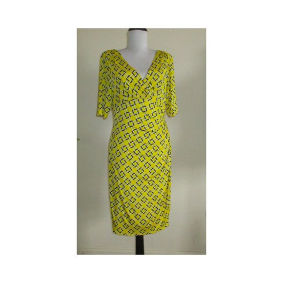 Lauren Ralph Lauren Geometric Print Ruched Side Wrap Dress Yellow Navy Size 8 - Picture 1 of 8
